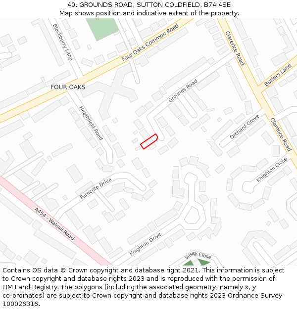 40, GROUNDS ROAD, SUTTON COLDFIELD, B74 4SE: Location map and indicative extent of plot