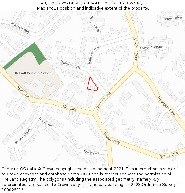40, HALLOWS DRIVE, KELSALL, TARPORLEY, CW6 0QE: Location map and indicative extent of plot
