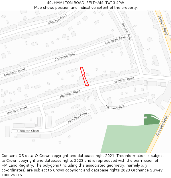 40, HAMILTON ROAD, FELTHAM, TW13 4PW: Location map and indicative extent of plot