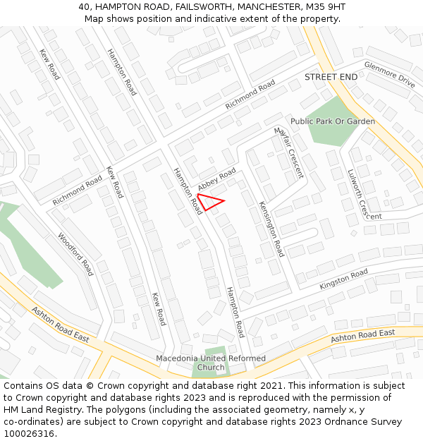 40, HAMPTON ROAD, FAILSWORTH, MANCHESTER, M35 9HT: Location map and indicative extent of plot