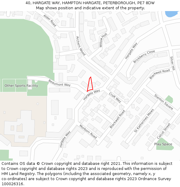 40, HARGATE WAY, HAMPTON HARGATE, PETERBOROUGH, PE7 8DW: Location map and indicative extent of plot