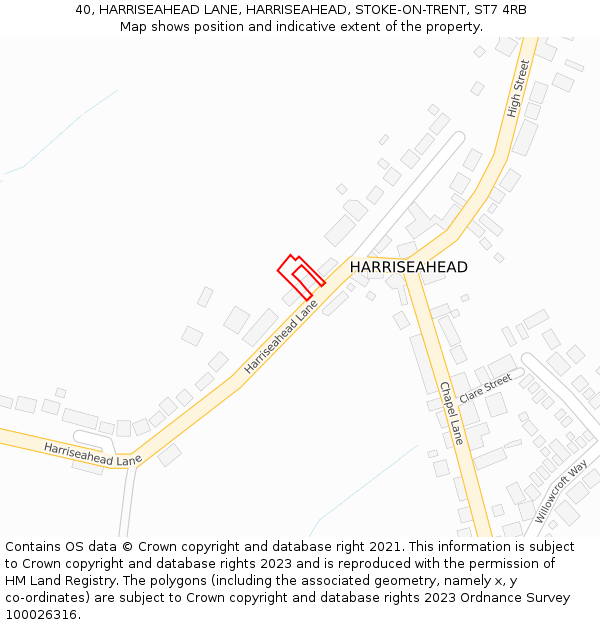 40, HARRISEAHEAD LANE, HARRISEAHEAD, STOKE-ON-TRENT, ST7 4RB: Location map and indicative extent of plot