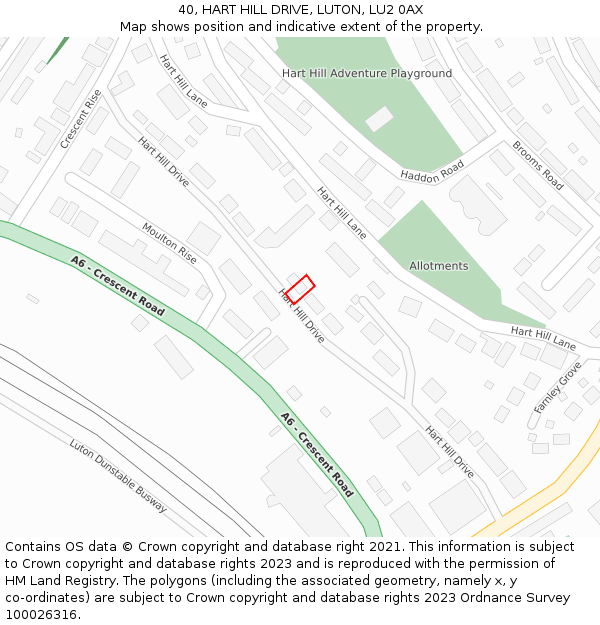40, HART HILL DRIVE, LUTON, LU2 0AX: Location map and indicative extent of plot