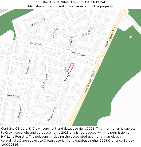 40, HAWTHORN DRIVE, TOWCESTER, NN12 7AE: Location map and indicative extent of plot