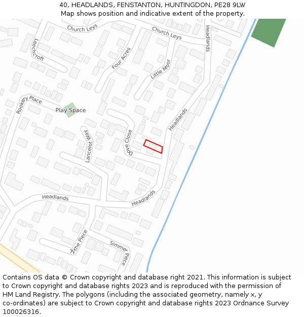 40, HEADLANDS, FENSTANTON, HUNTINGDON, PE28 9LW: Location map and indicative extent of plot