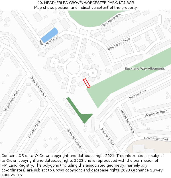 40, HEATHERLEA GROVE, WORCESTER PARK, KT4 8GB: Location map and indicative extent of plot