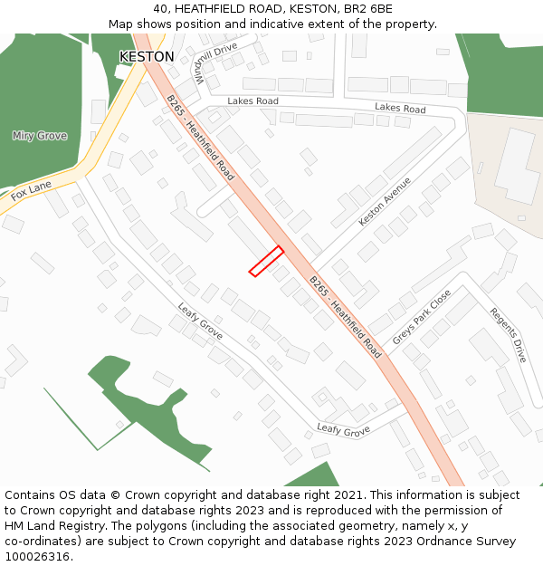 40, HEATHFIELD ROAD, KESTON, BR2 6BE: Location map and indicative extent of plot