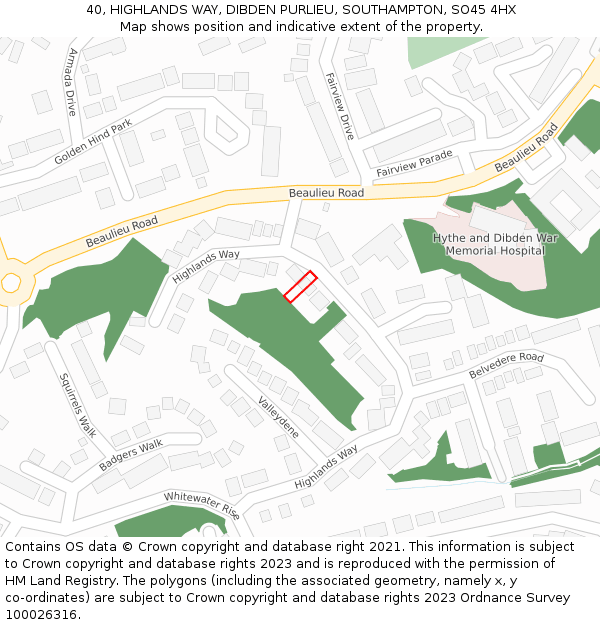 40, HIGHLANDS WAY, DIBDEN PURLIEU, SOUTHAMPTON, SO45 4HX: Location map and indicative extent of plot