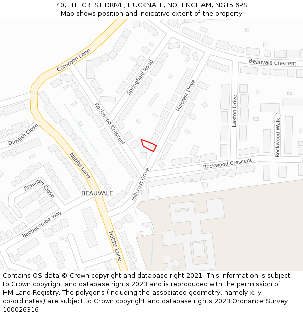 40, HILLCREST DRIVE, HUCKNALL, NOTTINGHAM, NG15 6PS: Location map and indicative extent of plot