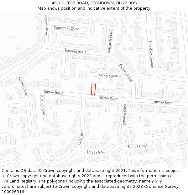 40, HILLTOP ROAD, FERNDOWN, BH22 9QS: Location map and indicative extent of plot