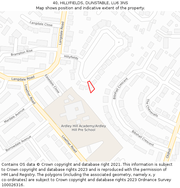 40, HILLYFIELDS, DUNSTABLE, LU6 3NS: Location map and indicative extent of plot