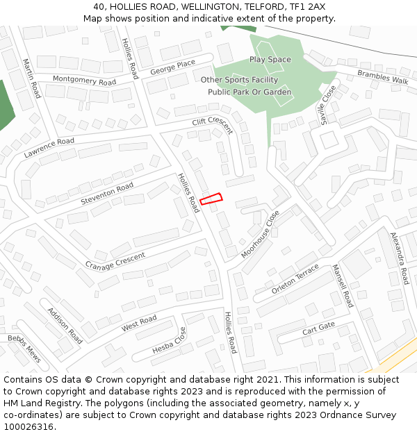 40, HOLLIES ROAD, WELLINGTON, TELFORD, TF1 2AX: Location map and indicative extent of plot