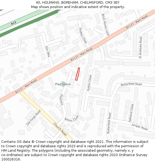 40, HOLMANS, BOREHAM, CHELMSFORD, CM3 3EY: Location map and indicative extent of plot