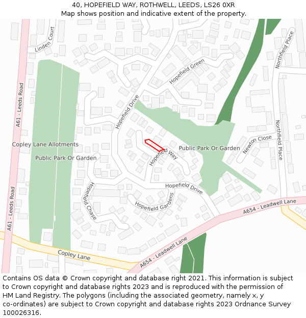 40, HOPEFIELD WAY, ROTHWELL, LEEDS, LS26 0XR: Location map and indicative extent of plot