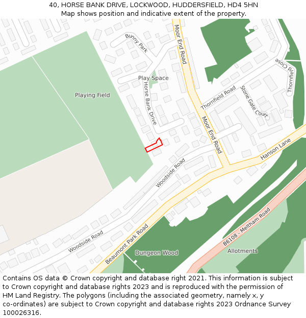 40, HORSE BANK DRIVE, LOCKWOOD, HUDDERSFIELD, HD4 5HN: Location map and indicative extent of plot