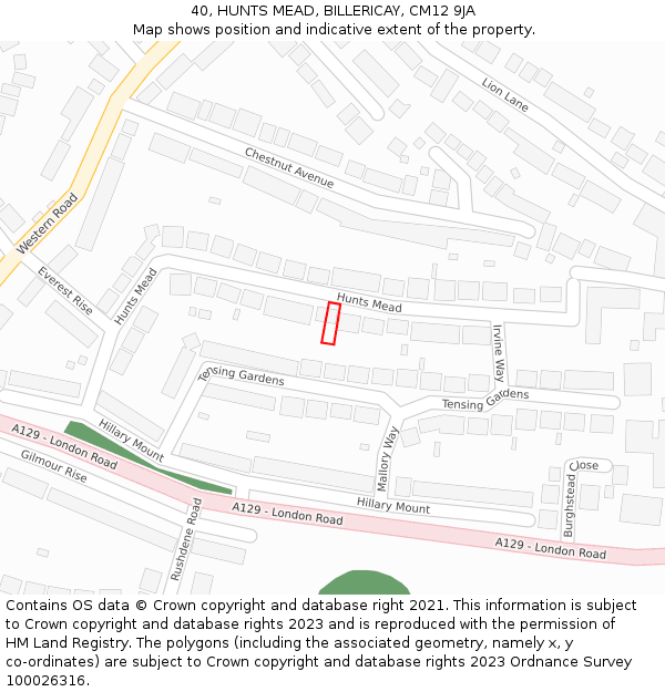 40, HUNTS MEAD, BILLERICAY, CM12 9JA: Location map and indicative extent of plot