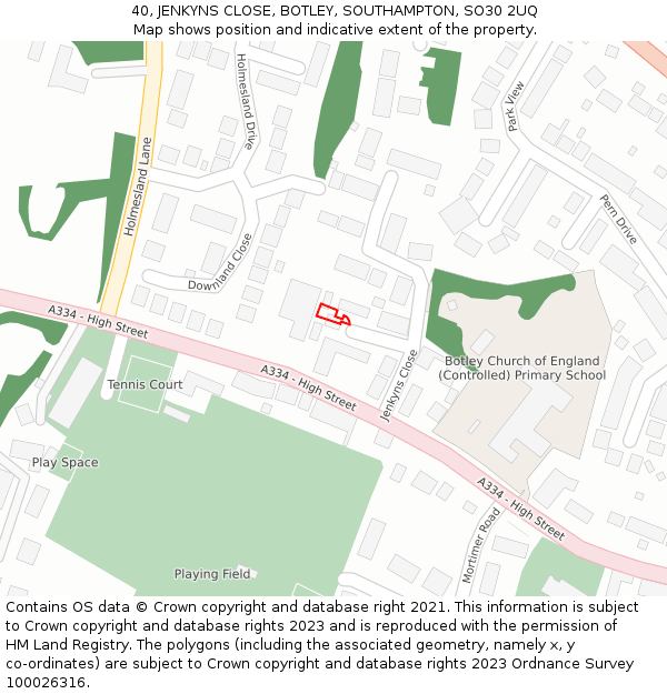 40, JENKYNS CLOSE, BOTLEY, SOUTHAMPTON, SO30 2UQ: Location map and indicative extent of plot