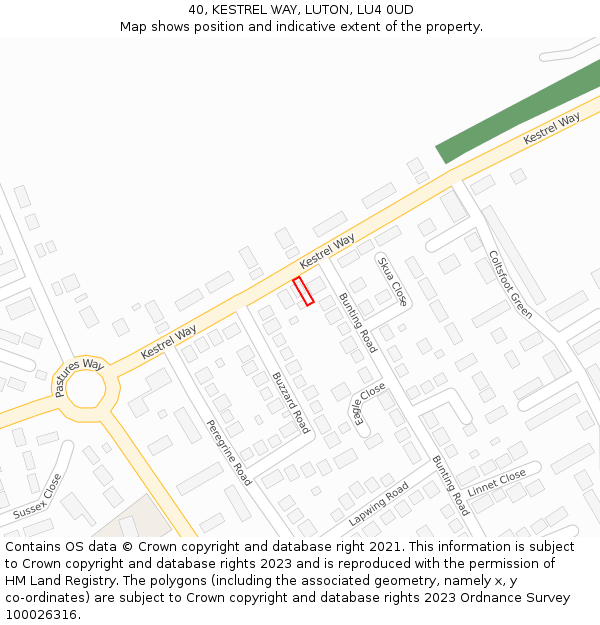 40, KESTREL WAY, LUTON, LU4 0UD: Location map and indicative extent of plot