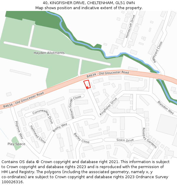 40, KINGFISHER DRIVE, CHELTENHAM, GL51 0WN: Location map and indicative extent of plot