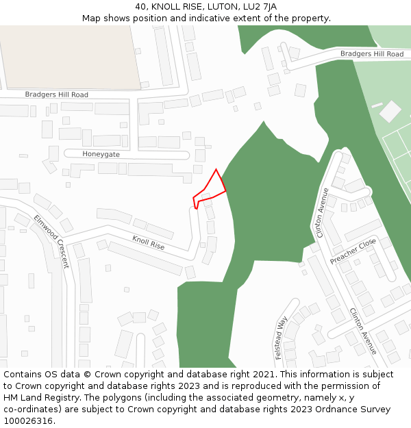 40, KNOLL RISE, LUTON, LU2 7JA: Location map and indicative extent of plot