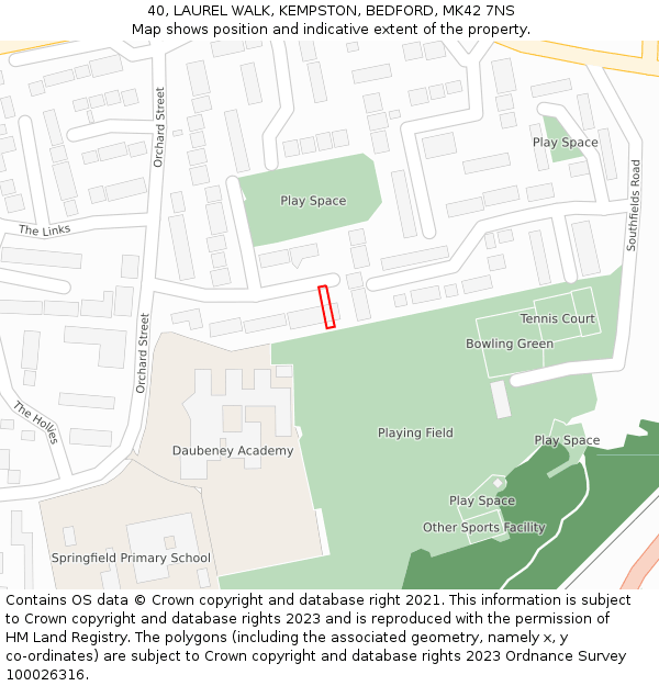 40, LAUREL WALK, KEMPSTON, BEDFORD, MK42 7NS: Location map and indicative extent of plot