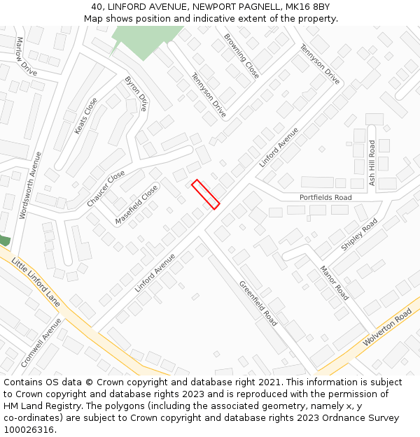 40, LINFORD AVENUE, NEWPORT PAGNELL, MK16 8BY: Location map and indicative extent of plot