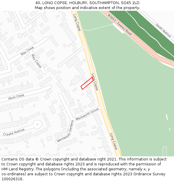 40, LONG COPSE, HOLBURY, SOUTHAMPTON, SO45 2LD: Location map and indicative extent of plot