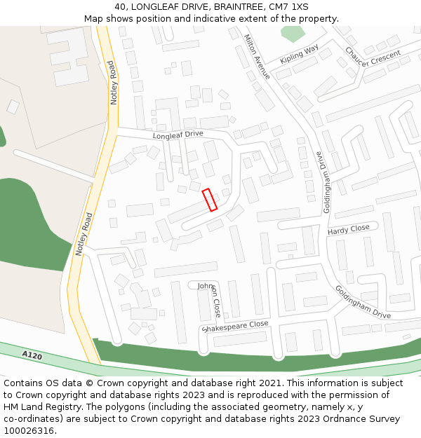 40, LONGLEAF DRIVE, BRAINTREE, CM7 1XS: Location map and indicative extent of plot