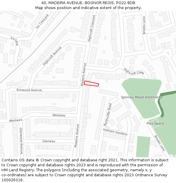 40, MADEIRA AVENUE, BOGNOR REGIS, PO22 8DB: Location map and indicative extent of plot