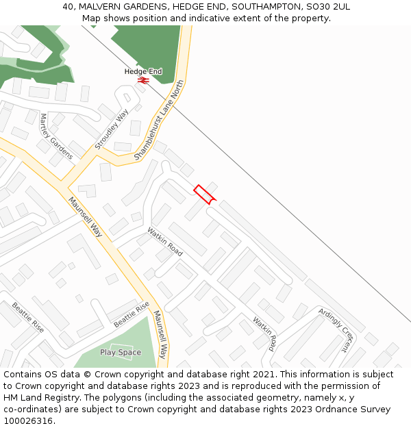 40, MALVERN GARDENS, HEDGE END, SOUTHAMPTON, SO30 2UL: Location map and indicative extent of plot