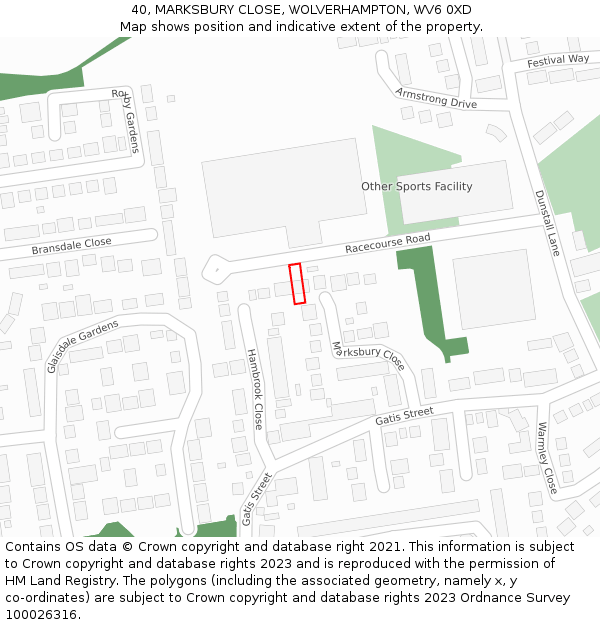 40, MARKSBURY CLOSE, WOLVERHAMPTON, WV6 0XD: Location map and indicative extent of plot