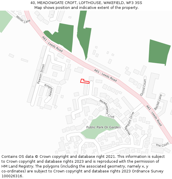 40, MEADOWGATE CROFT, LOFTHOUSE, WAKEFIELD, WF3 3SS: Location map and indicative extent of plot