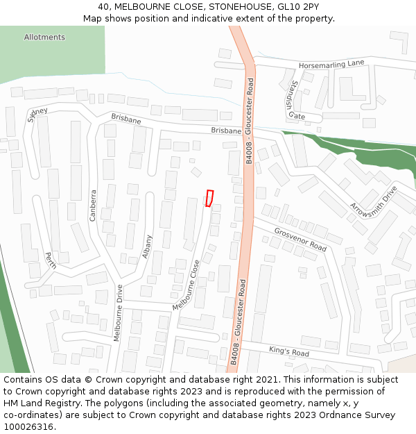 40, MELBOURNE CLOSE, STONEHOUSE, GL10 2PY: Location map and indicative extent of plot