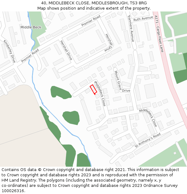 40, MIDDLEBECK CLOSE, MIDDLESBROUGH, TS3 8RG: Location map and indicative extent of plot