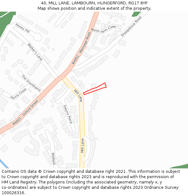 40, MILL LANE, LAMBOURN, HUNGERFORD, RG17 8YP: Location map and indicative extent of plot