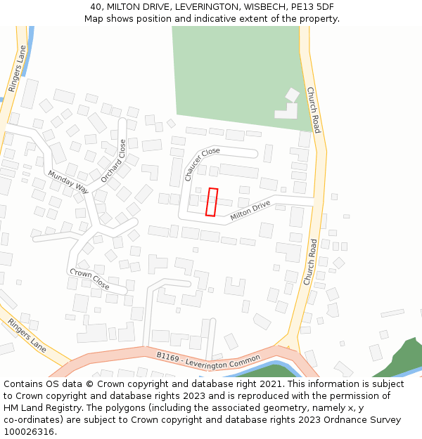 40, MILTON DRIVE, LEVERINGTON, WISBECH, PE13 5DF: Location map and indicative extent of plot