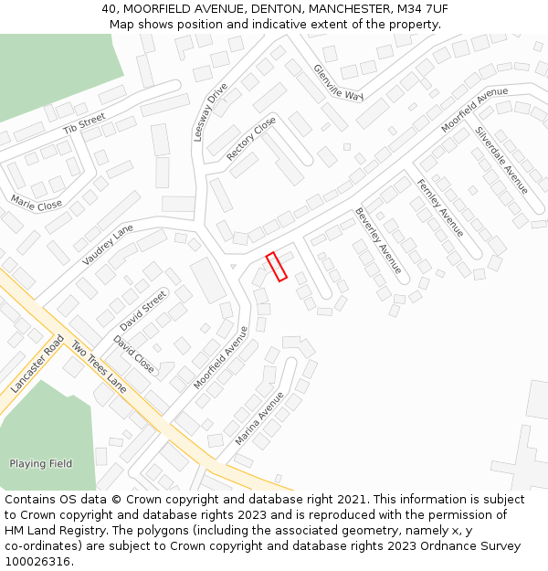 40, MOORFIELD AVENUE, DENTON, MANCHESTER, M34 7UF: Location map and indicative extent of plot