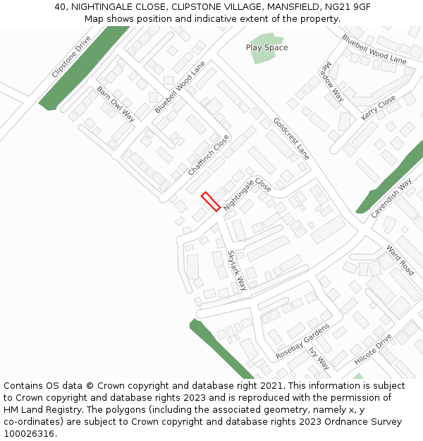 40, NIGHTINGALE CLOSE, CLIPSTONE VILLAGE, MANSFIELD, NG21 9GF: Location map and indicative extent of plot