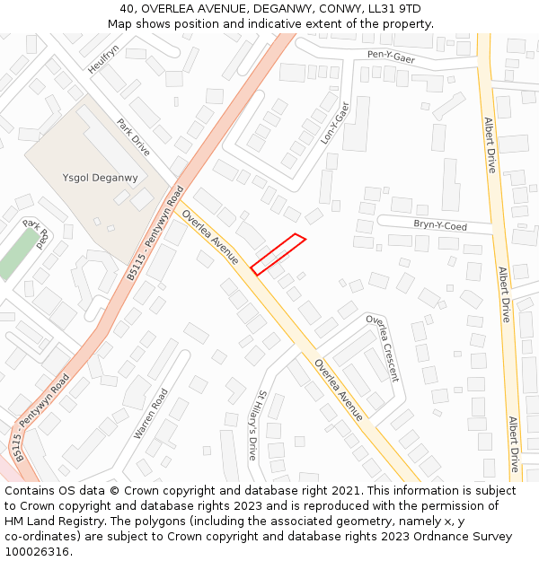 40, OVERLEA AVENUE, DEGANWY, CONWY, LL31 9TD: Location map and indicative extent of plot