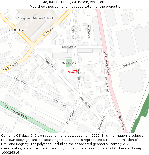 40, PARK STREET, CANNOCK, WS11 0BT: Location map and indicative extent of plot