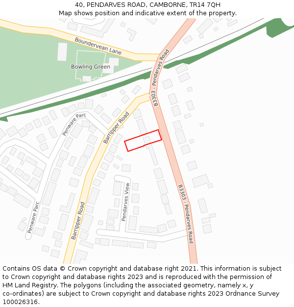 40, PENDARVES ROAD, CAMBORNE, TR14 7QH: Location map and indicative extent of plot