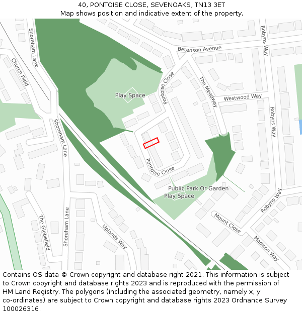 40, PONTOISE CLOSE, SEVENOAKS, TN13 3ET: Location map and indicative extent of plot