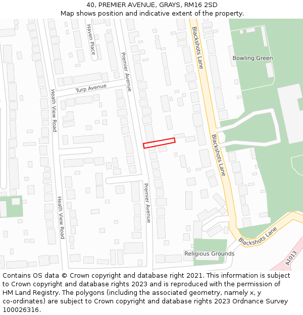 40, PREMIER AVENUE, GRAYS, RM16 2SD: Location map and indicative extent of plot