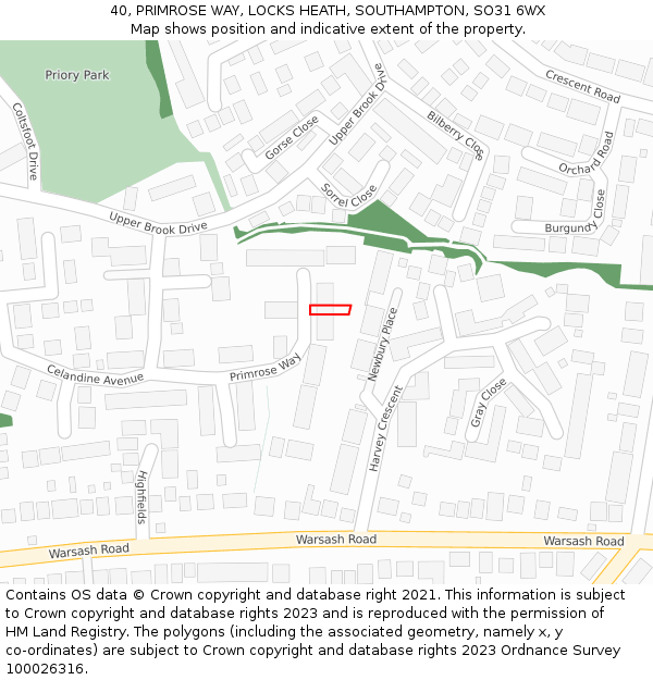 40, PRIMROSE WAY, LOCKS HEATH, SOUTHAMPTON, SO31 6WX: Location map and indicative extent of plot