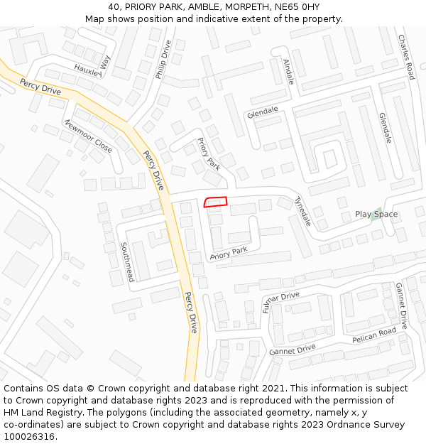 40, PRIORY PARK, AMBLE, MORPETH, NE65 0HY: Location map and indicative extent of plot