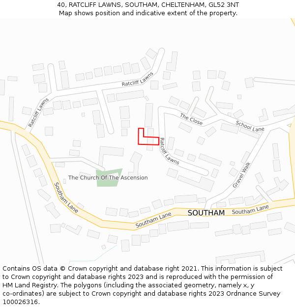 40, RATCLIFF LAWNS, SOUTHAM, CHELTENHAM, GL52 3NT: Location map and indicative extent of plot