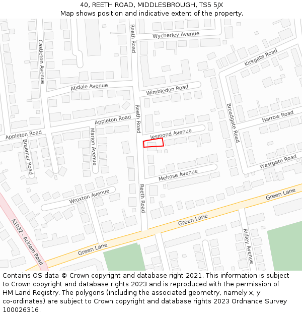 40, REETH ROAD, MIDDLESBROUGH, TS5 5JX: Location map and indicative extent of plot