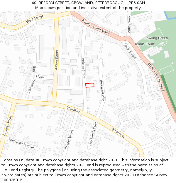 40, REFORM STREET, CROWLAND, PETERBOROUGH, PE6 0AN: Location map and indicative extent of plot