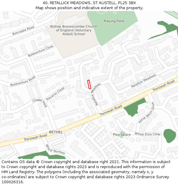 40, RETALLICK MEADOWS, ST AUSTELL, PL25 3BX: Location map and indicative extent of plot