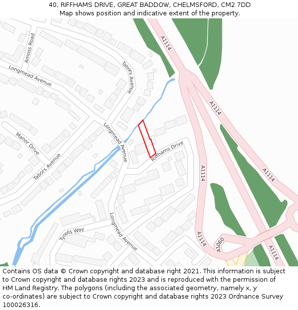 40, RIFFHAMS DRIVE, GREAT BADDOW, CHELMSFORD, CM2 7DD: Location map and indicative extent of plot